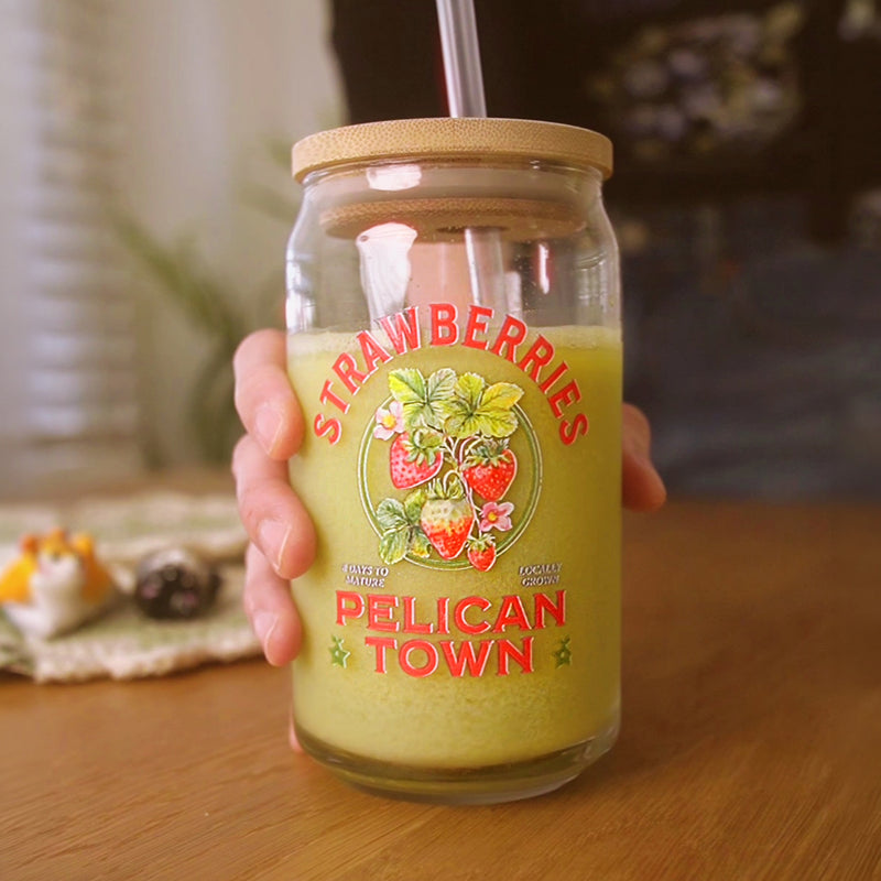 Stardew Valley Strawberry Glass Cup | Pelican Town | 16oz with Bamboo Lid & Straw