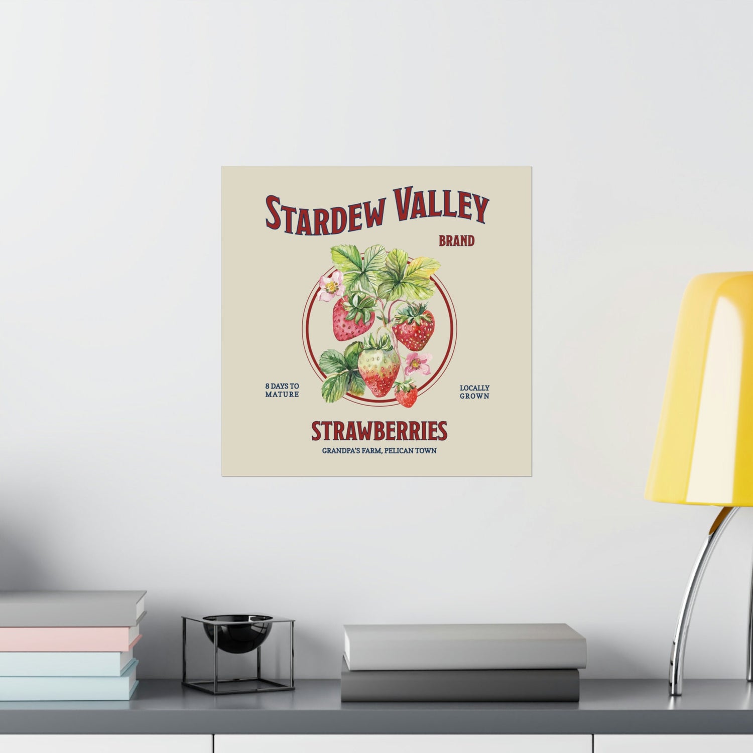 A medium Stardew Valley Strawberries Print by New Save hanging on a wall.