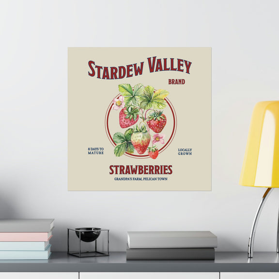 A large Stardew Valley Strawberries Print by New Save hanging on a wall.